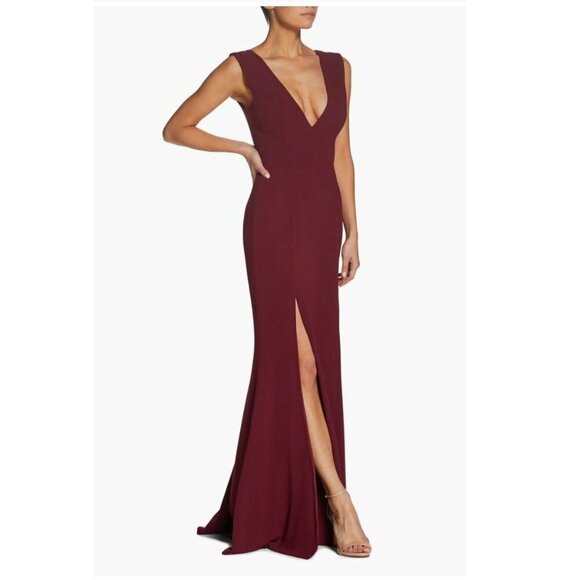 Dress The Population Sandra Burgundy Plunge Crepe Trumpet Gown NWT Size Large - Picture 1 of 13